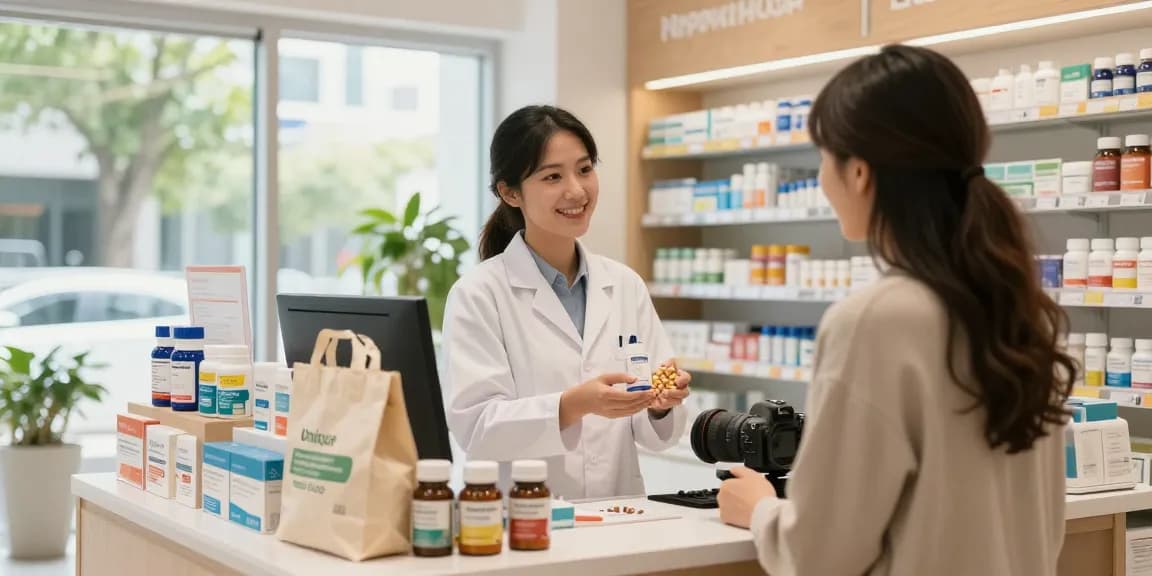 Bezoek aan Unique Pharma Shop met klant en apotheker in zonnige omgeving.