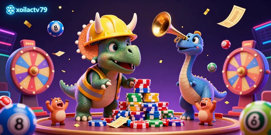 Watch the lively scene of xoilactv79 where a triceratops builds poker chips amidst colorful gambling elements.