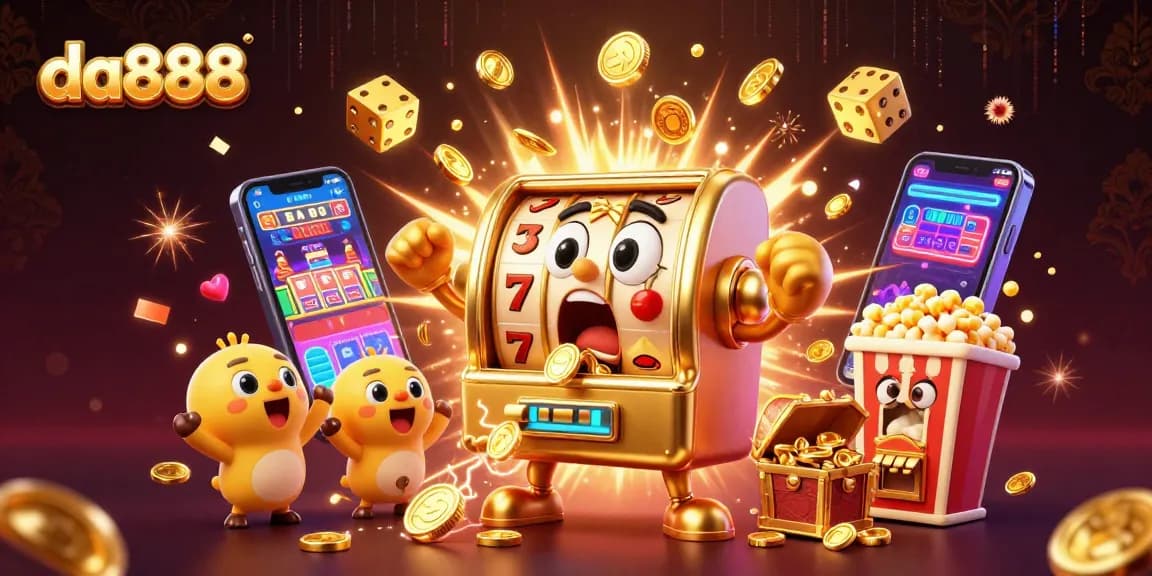 Experience da888 excitement with a vibrant scene of a golden slot machine celebrating its jackpot