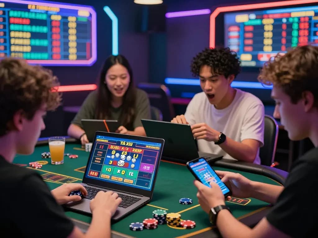 Tài xỉu online uy tín scene with enthusiastic players betting in a vibrant gaming lounge.