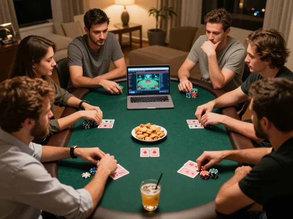 Play poker online with jus77, engaging friends in a cozy home environment with strategic gameplay elements.