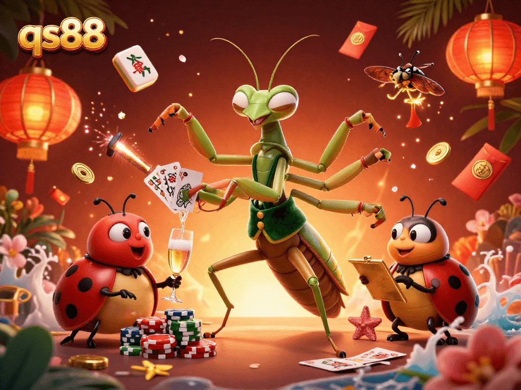 Experience thrilling gaming action with qs88's vibrant casino illustration highlighting unique characters.