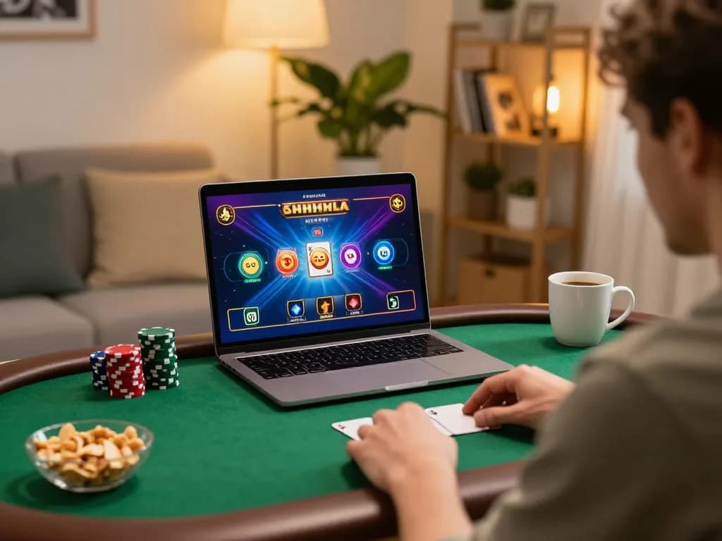 Engaging in poker gameplay online with 79 số đỏ, showcasing a cozy home gaming setup with strategic elements.