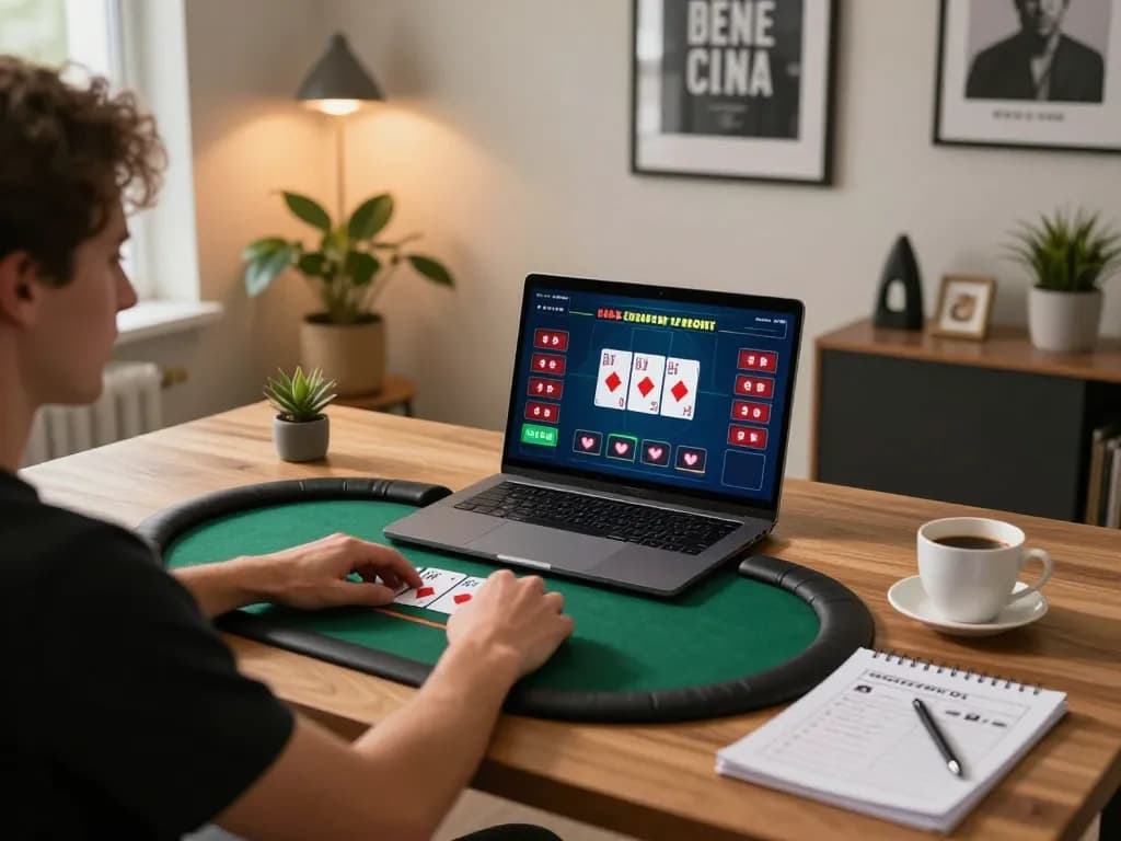 Login Say88 from a home gaming setup, person plays poker on laptop with strategy notes visible.