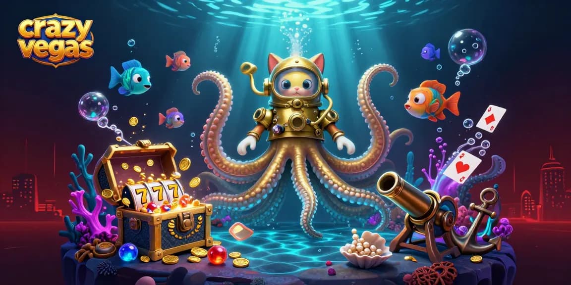 Spin with crazyvegas in a whimsical ocean adventure featuring a kraken and diving cat.