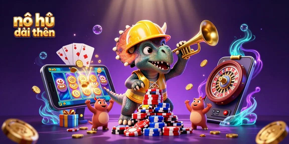 Nổ hũ đổi thưởng features a triceratops celebrating wins with golden coins and slot games.