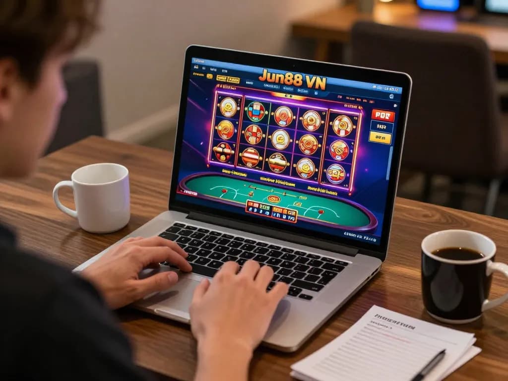 Engaging in online gambling at Jun88 VN with a laptop and strategy notes