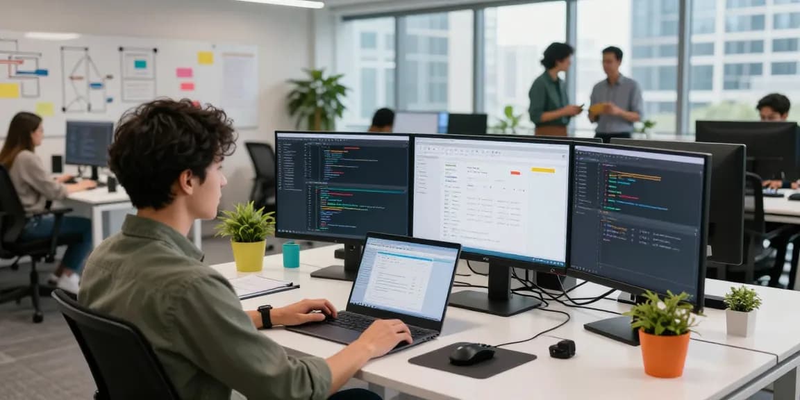 Workspace scene illustrating the WPS Official Website development environment with innovative tools and collaborative atmosphere