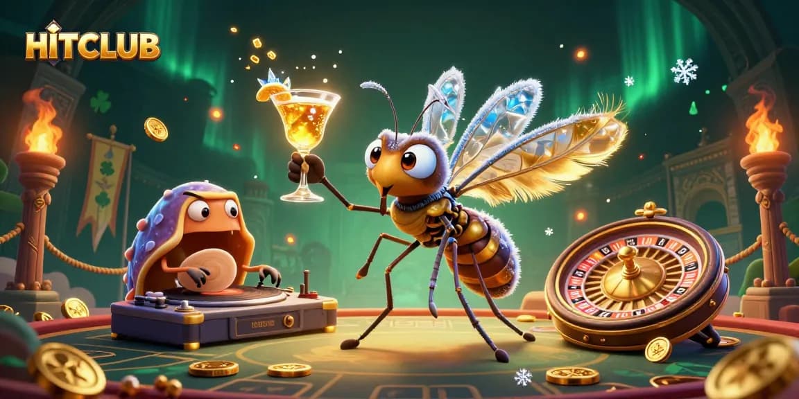 HITCLUB casino illustration featuring a mosquito mascot, trilobite DJ, and ammonite roulette wheel.