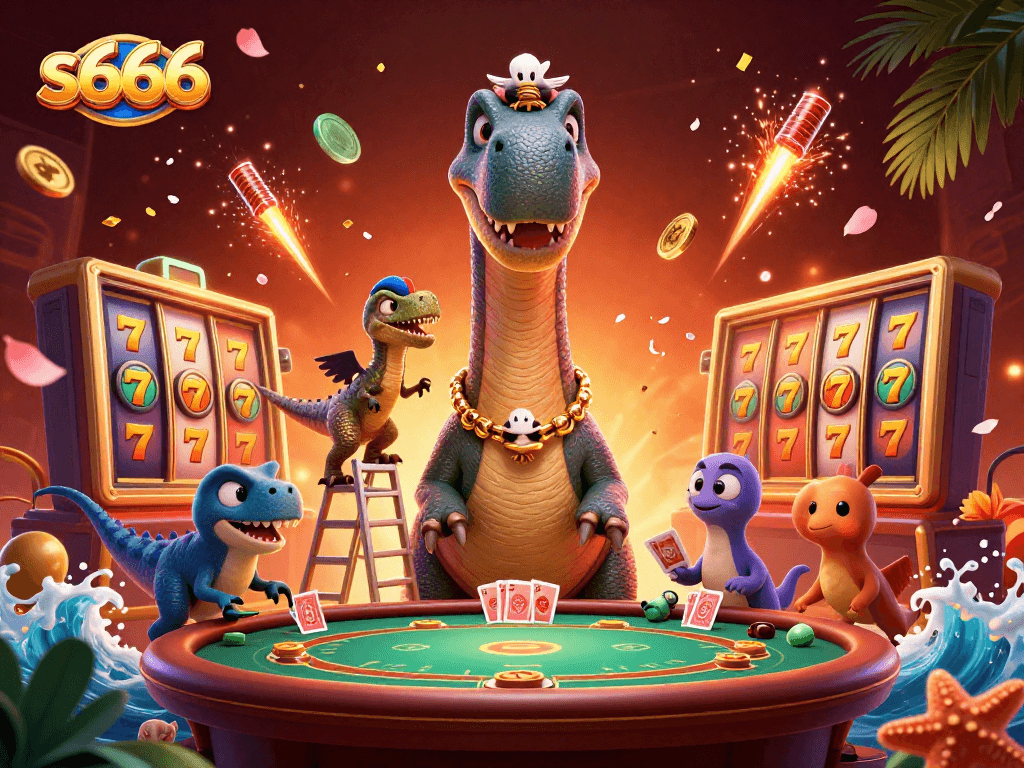 Experience the excitement of s666 as a towering brontosaurus oversees a dynamic casino scene with vibrant elements.