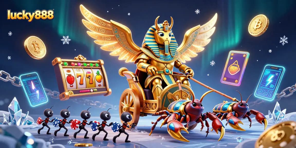 Experience lucky888 excitement with vibrant casino imagery featuring golden beetles, jackpots, and crypto coins.
