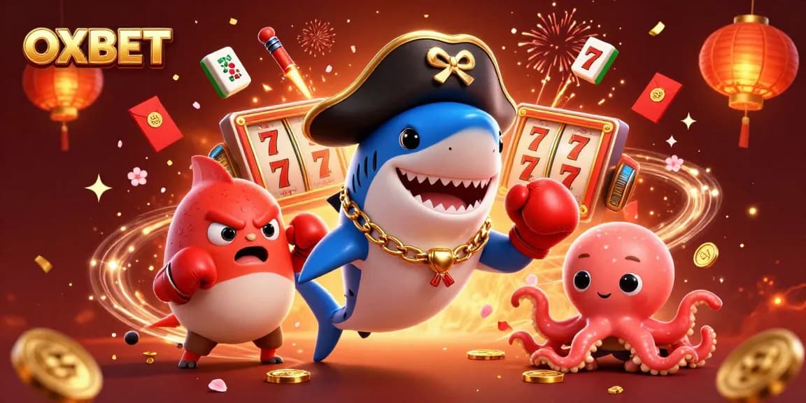 Experience exciting jackpots with OXBET, featuring a pirate shark and friends in a vibrant casino scene.