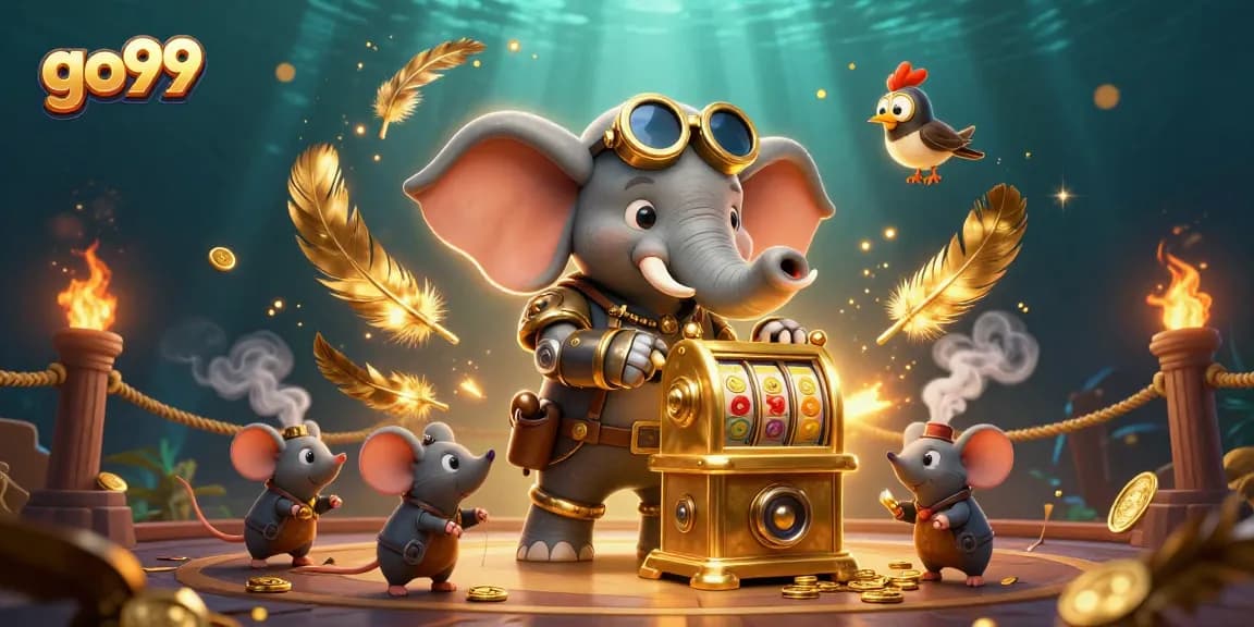 Experience big wins with go99's dynamic casino scene featuring a steampunk elephant and slot machines.