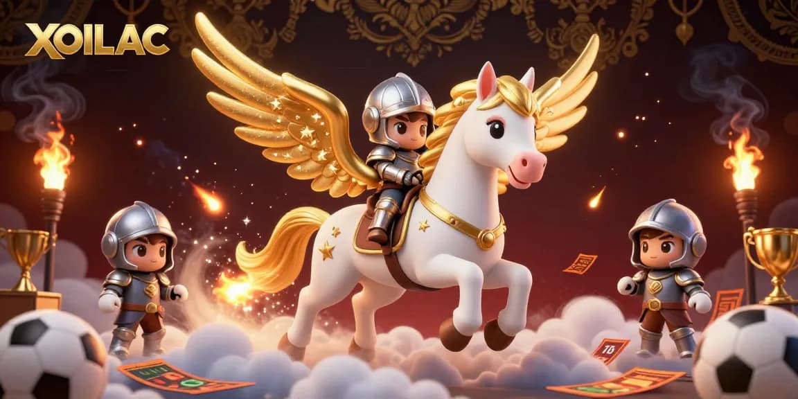 Engage with XOILAC sports betting excitement as a knight rides a celestial horse amidst vibrant gaming elements.