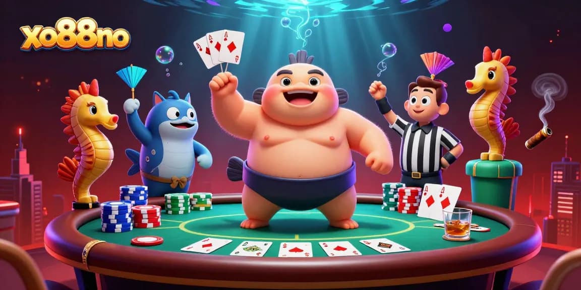 Engage with the dynamic xo88no poker scene featuring a fugu, referee catfish, and energetic seahorse fans.