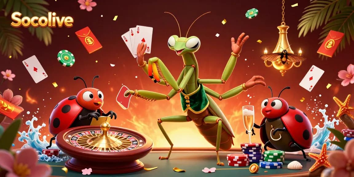 Socolive showcases vibrant action in a casino scene with a giant praying mantis card sharp and ladybug pit boss.