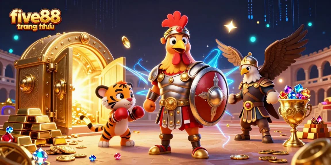 Engage with five88 trang chủ in a vibrant, dynamic 3D illustration showcasing competitive gaming excitement and rewards.