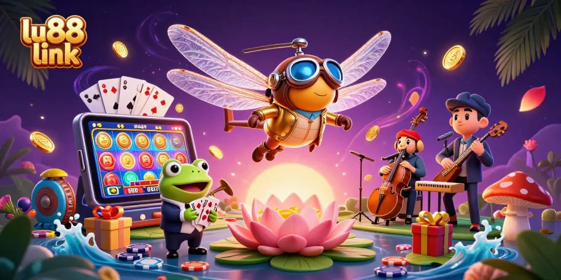 Join the excitement at LU88 link, with a dynamic 3D scene showcasing a dragonfly pilot and a frog croupier at a vibrant casino.