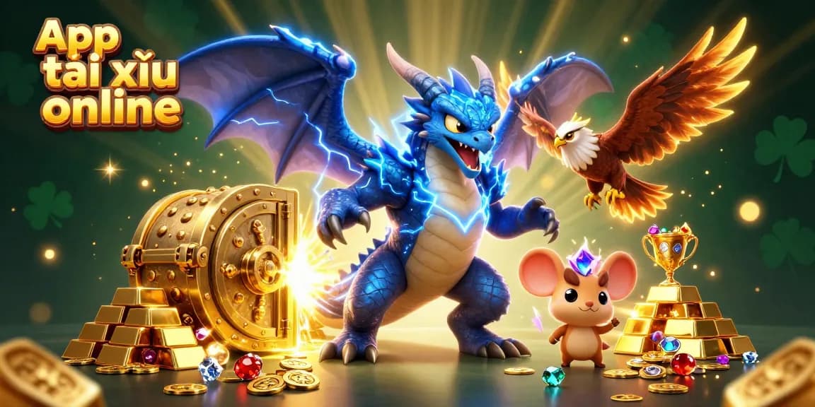 Engage with the thrilling App tài xỉu online experience, where a dynamic scene comes alive with vibrant characters and dazzling treasures.