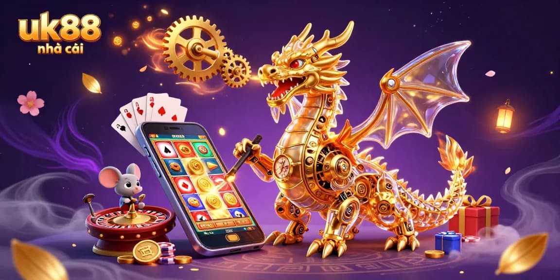 Engage with uk88 nhà cái through a thrilling 3D casino adventure showcasing a golden dragon and dynamic gaming elements.