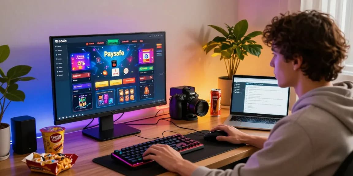 Engagierter Spieler an einem Paysafe Card Casino-Setup mit bunten Bildschirmdetails und Gaming-Zubehör.