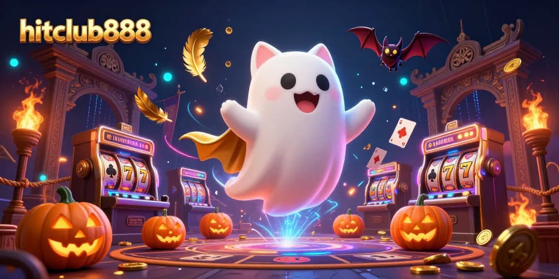 Engage in thrilling gaming adventures at hitclub888, where a ghostly cat and bat cheer through vibrant slot machines.