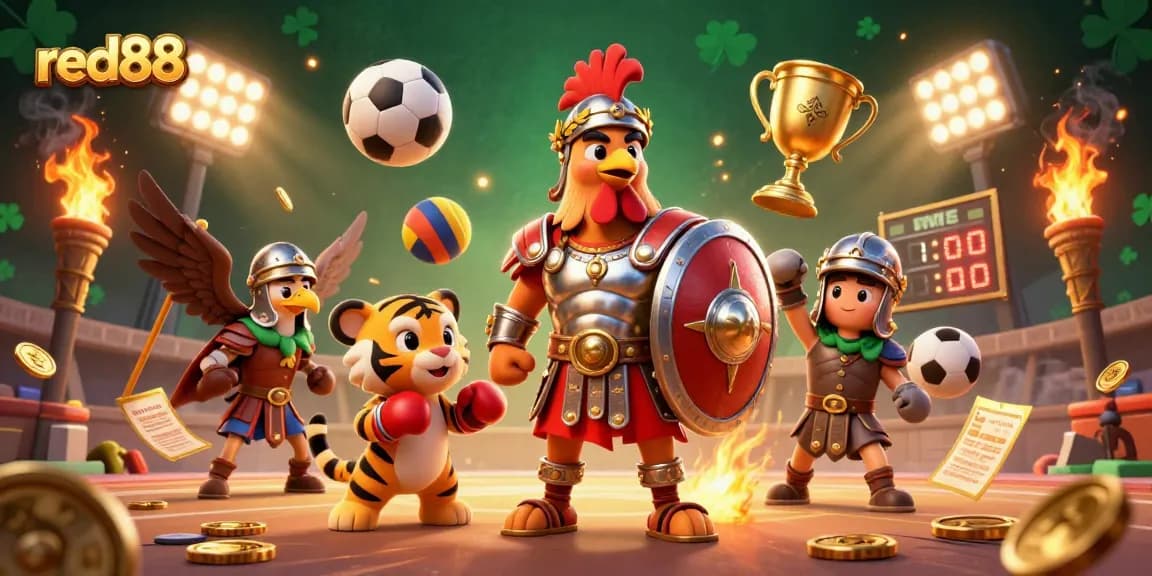 Experience thrilling action at red88 with a dynamic illustration of gladiator rooster, tiger cub, and eagle amid exciting sports and casino elements.