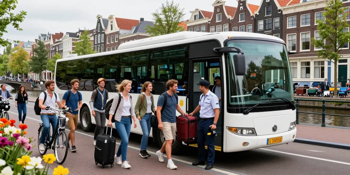 Taxi bus Amsterdam die groepsreizigers met bagage verwelkomt voor iconische stadsuitzicht.