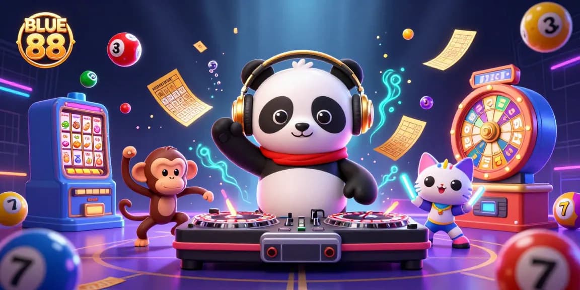 Engage with thrilling games at BLUE 88 featuring vibrant casino elements and lively characters.
