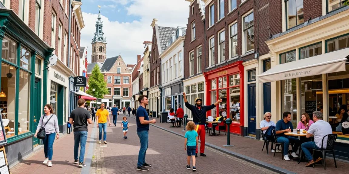 Family exploring tips den haag in colorful city center with historical architecture.