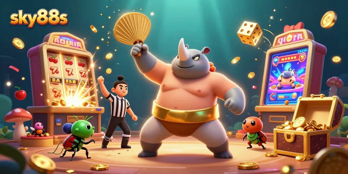 Experience thrilling gameplay at sky88s with a sumo champion beetle stomping and coins flying.