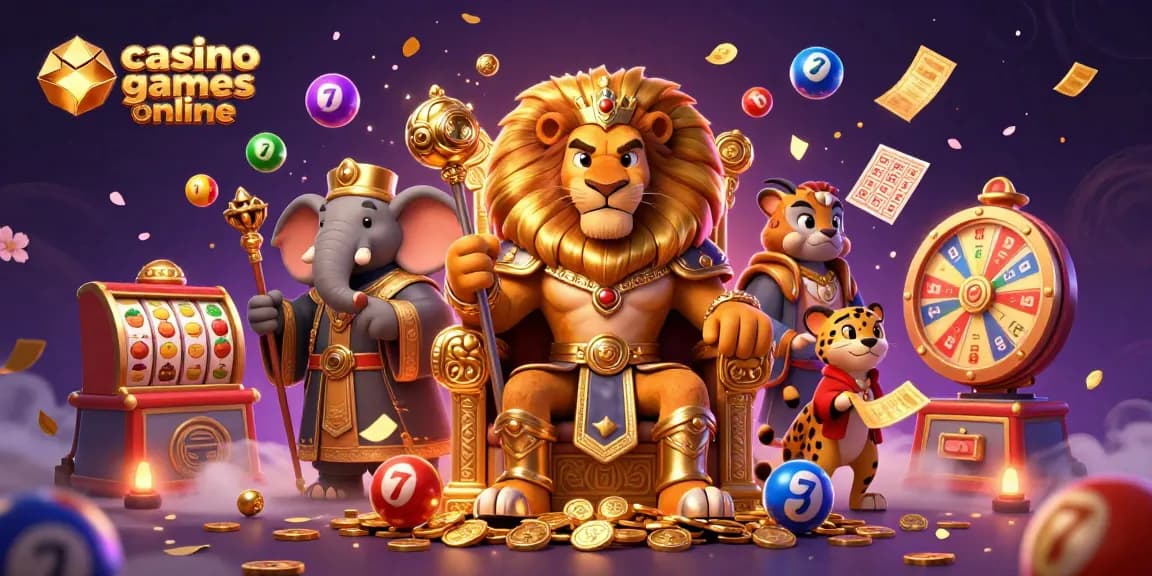 Engage with vibrant casino games online featuring a regal lion king, wise elephant, and speedy cheetah amidst dynamic game elements.