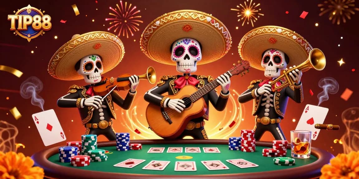 Experience excitement at TIP88 with a vibrant 3D illustration of a casino scene featuring a mariachi band.