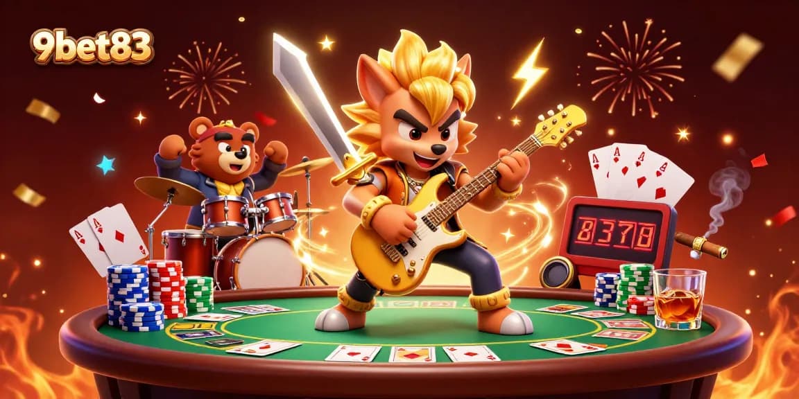Experience thrilling gaming action at 9bet83 with a rock star wolf and bear drummer