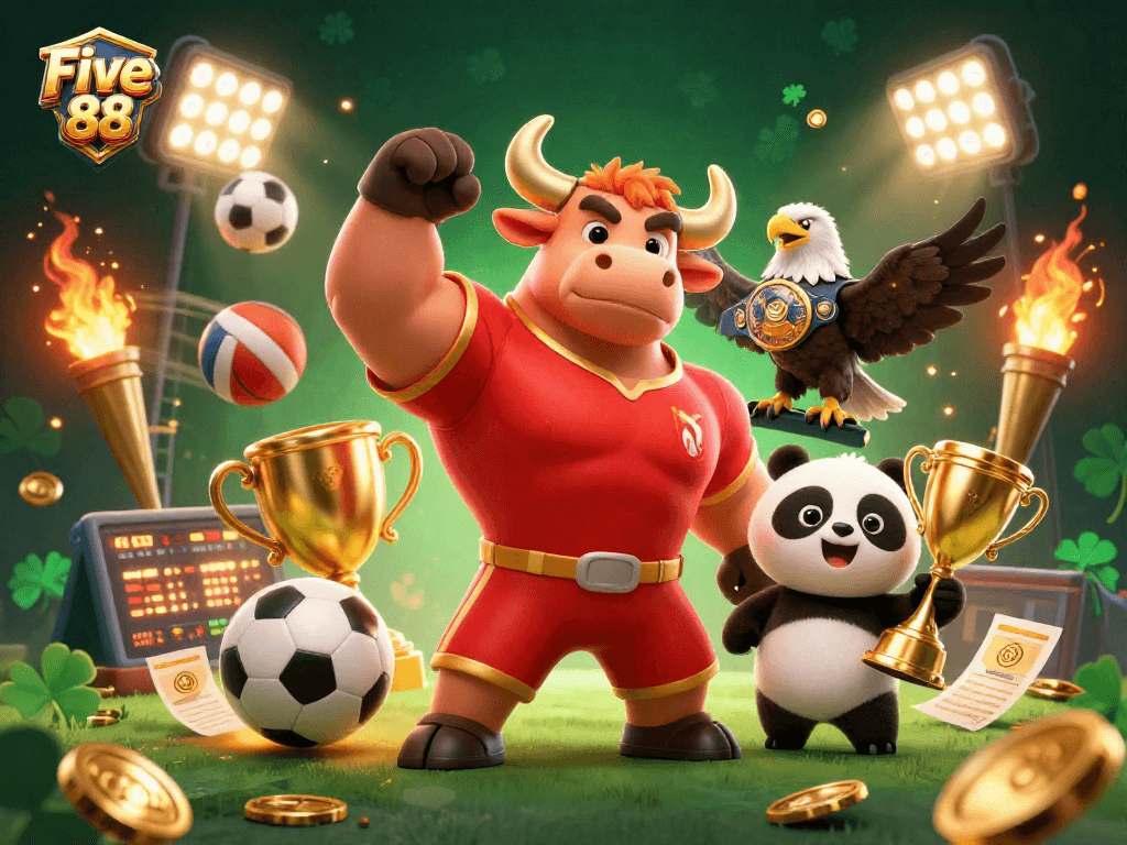 Experience thrilling gameplay with Five 88, featuring vibrant casino mascots and dynamic sports elements.