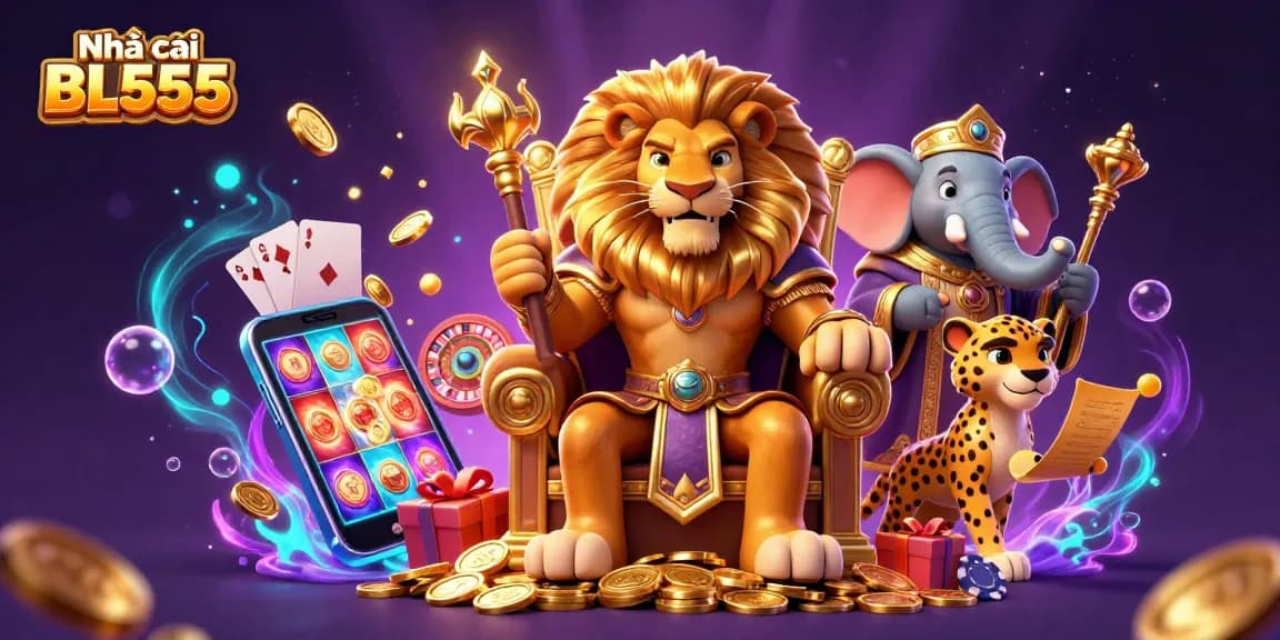 Engage with thrilling games at Nhà cái BL555 where a lion king reigns over a magical gambling world.
