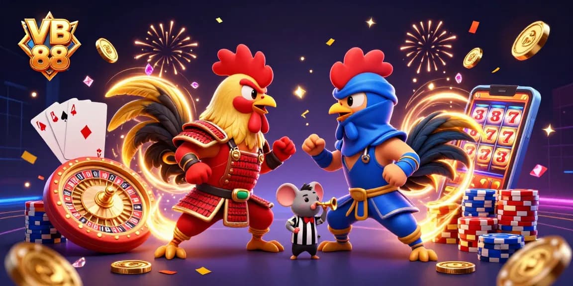 Experience thrilling action at VB 88 with dynamic roosters and casino game elements exploding in vibrant celebration.