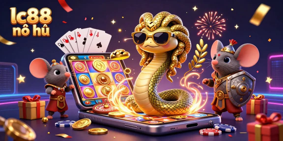 Experience vibrant lc88 nổ hũ gameplay with Medusa and a warrior mouse amidst thrilling slot games and celebrations.