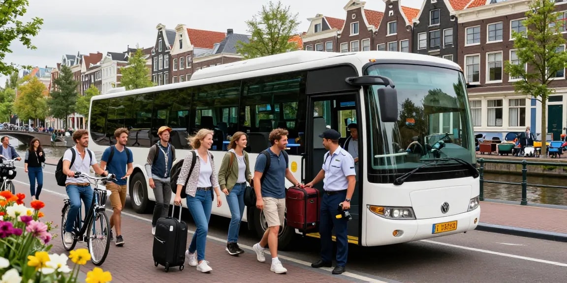 Taxi bus Amsterdam die groepsreizigers met bagage verwelkomt voor iconische stadsuitzicht.