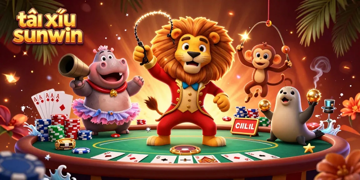 Experience gaming excitement with tài xỉu sunwin in this vibrant circus-themed illustration of characters engaged in casino fun.