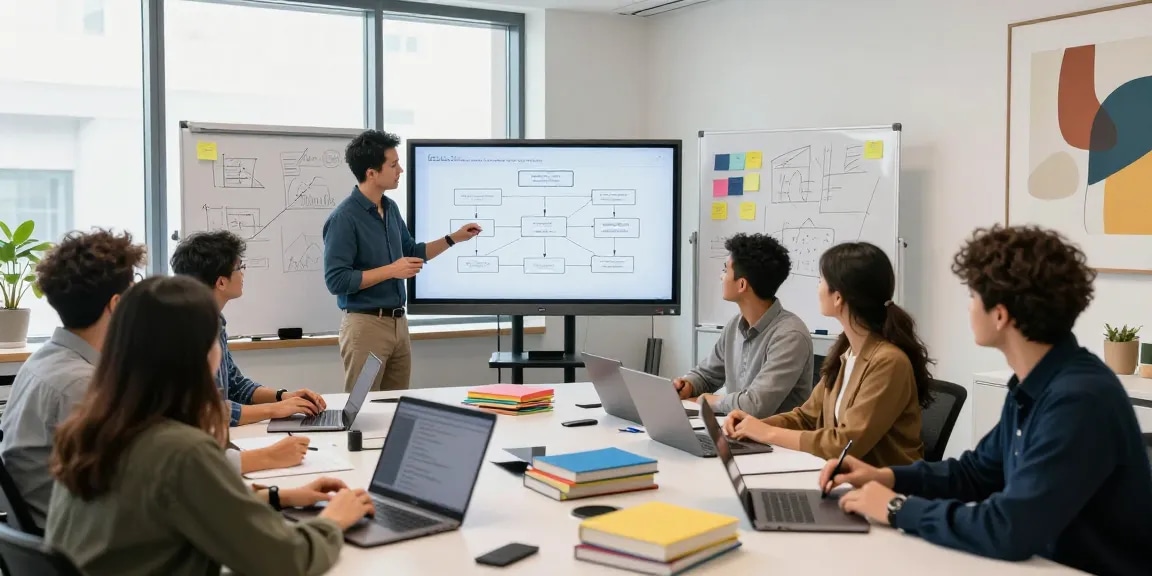 Professionals collaborating to build internal tools with AI in a modern tech workspace