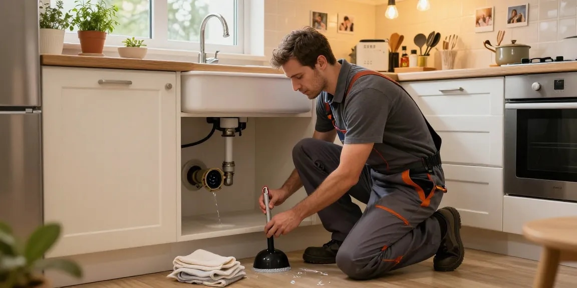 Afvoer verstopt in keuken met loodgieter die de afvoer inspecteert
