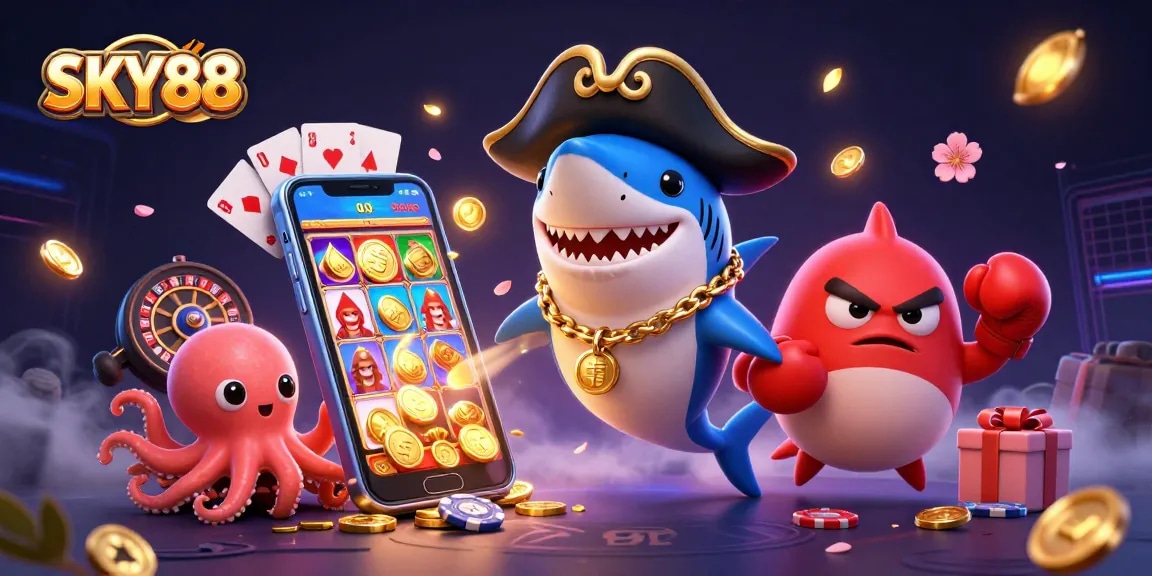 Engage in thrilling casino action at SKY88 with a lively scene featuring characters winning gold coins and playing vibrant games.