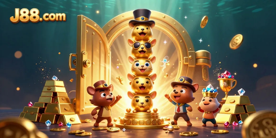 Win big with J88. com's thrilling 3D illustration of vibrant casino elements and golden treasures.
