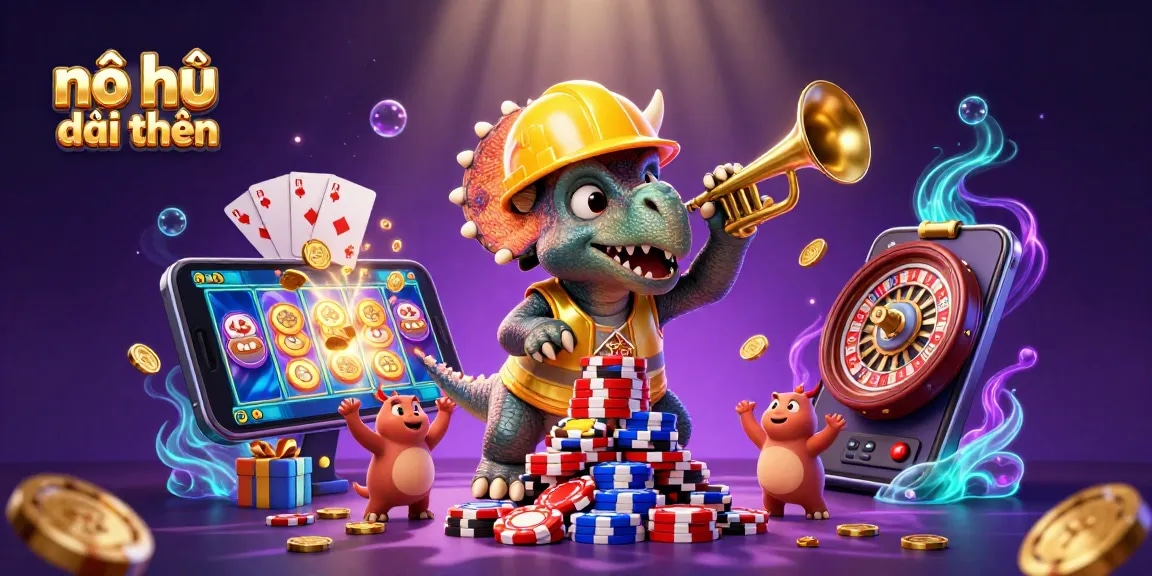 Nổ hũ đổi thưởng features a triceratops celebrating wins with golden coins and slot games.