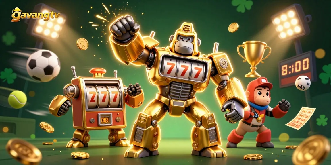 Experience the excitement of gavangtv with a dynamic casino scene featuring a golden gorilla mech and flying sports balls.