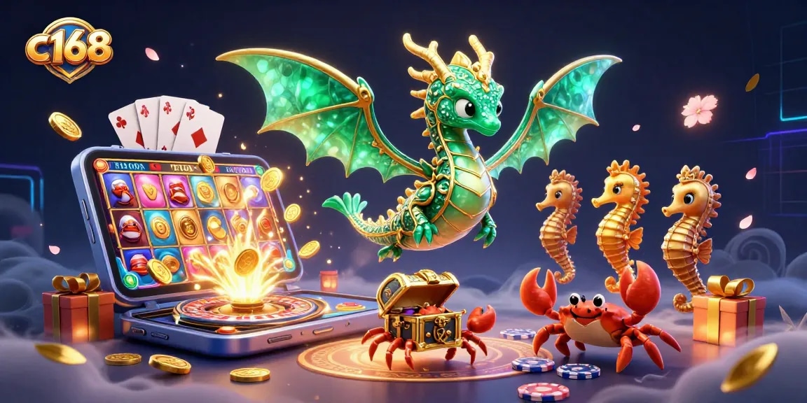 C168 players immerse in dynamic gaming action with a vibrant underwater theme of a sea dragon and treasures.