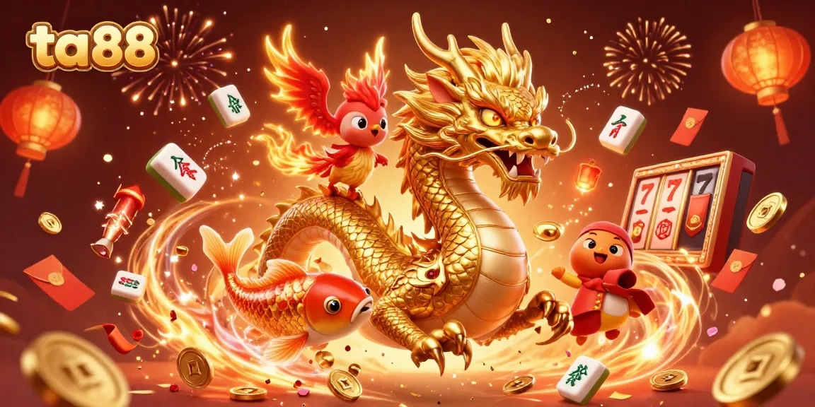 Experience the magic of ta 88 with a dazzling dragon and festive gold coins in an epic casino scene.