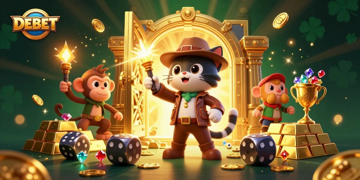 Engage with DEBET's thrilling casino experience featuring an adventurous cat and monkey exploring treasures in a vibrant illustration.