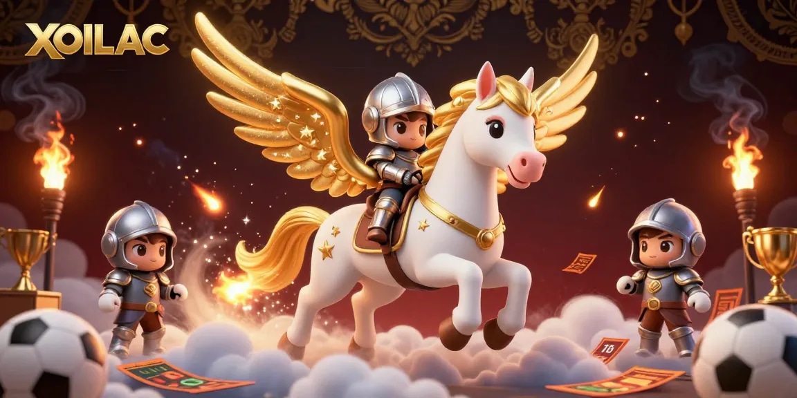 Engage with XOILAC sports betting excitement as a knight rides a celestial horse amidst vibrant gaming elements.